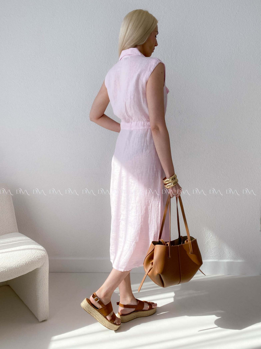 Ľanové midi šaty so sťahovaním v páse ružové AB 143