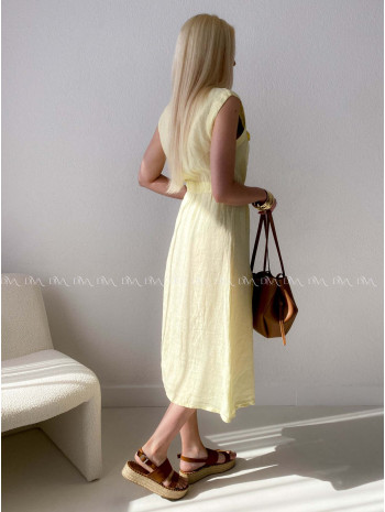 Ľanové midi šaty so sťahovaním v páse žlté AB 143