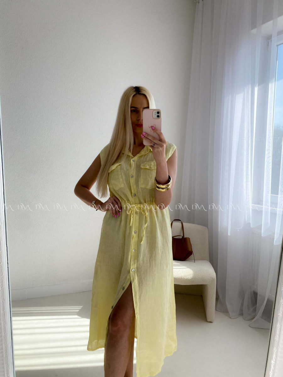 Ľanové midi šaty so sťahovaním v páse žlté AB 143