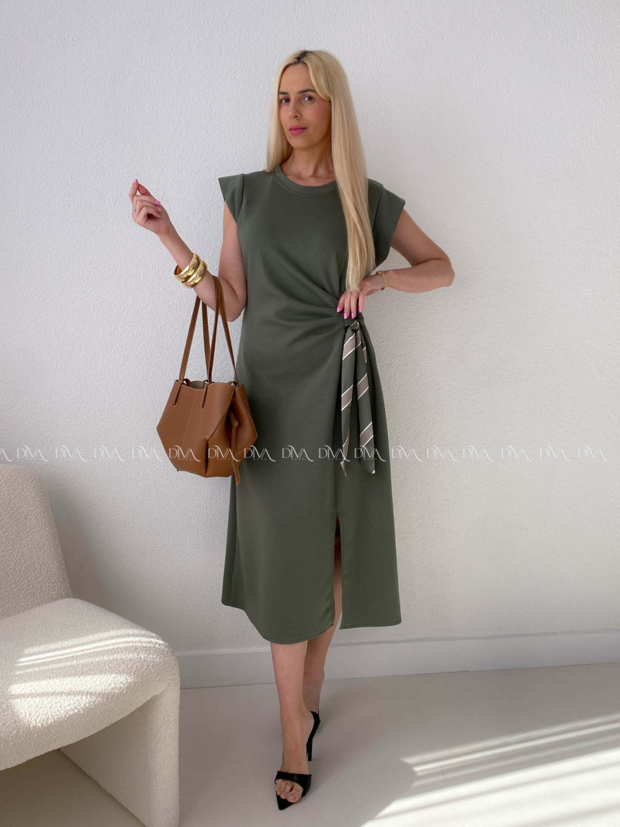 Hladké midi šaty s uzlom khaki AB 152