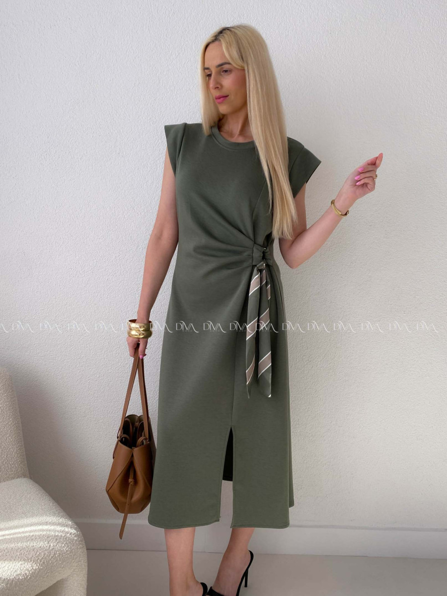 Hladké midi šaty s uzlom khaki AB 152