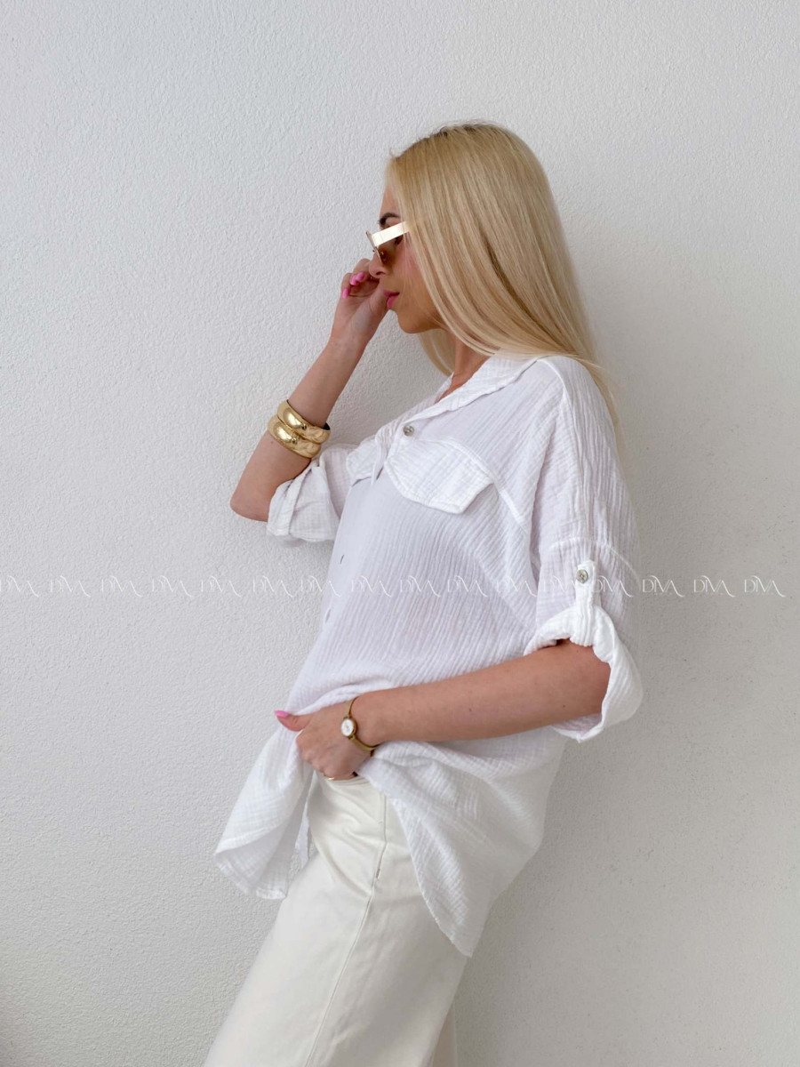 Mušelínová košeľa s falošnými vreckami biela AB 153