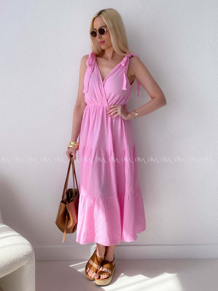 Mušelínové maxi šaty s viazaním na ramenách ružové AB 159
