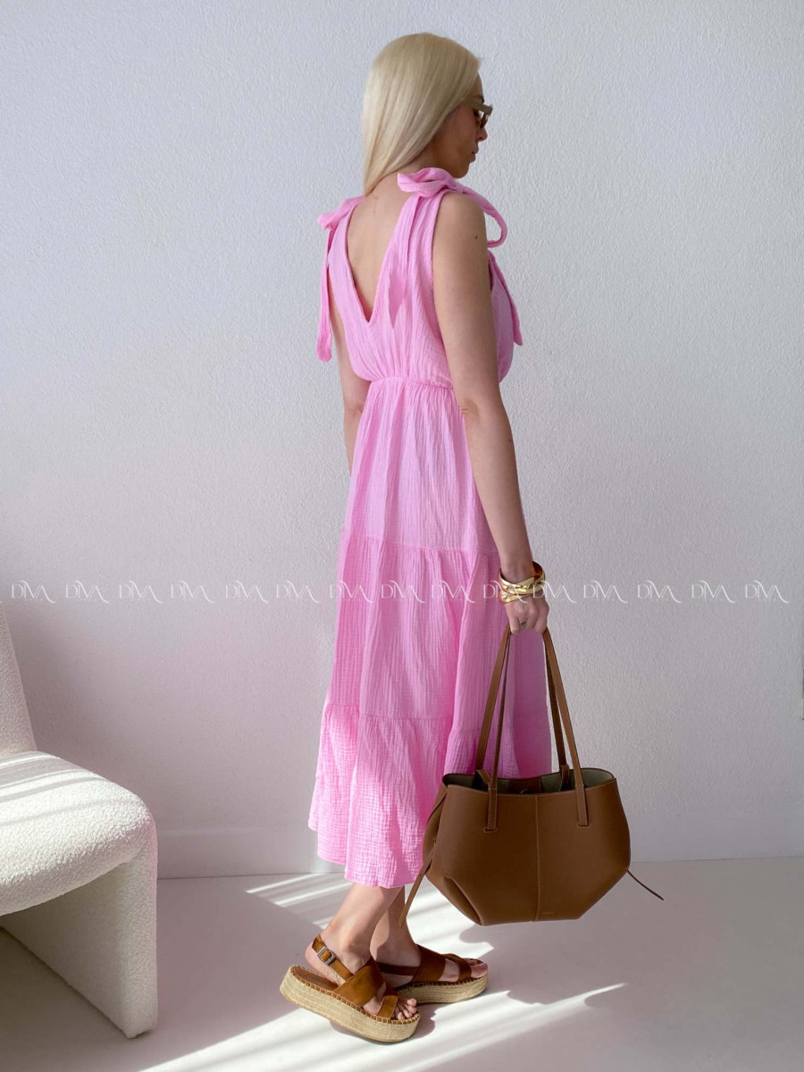 Mušelínové maxi šaty s viazaním na ramenách ružové AB 159