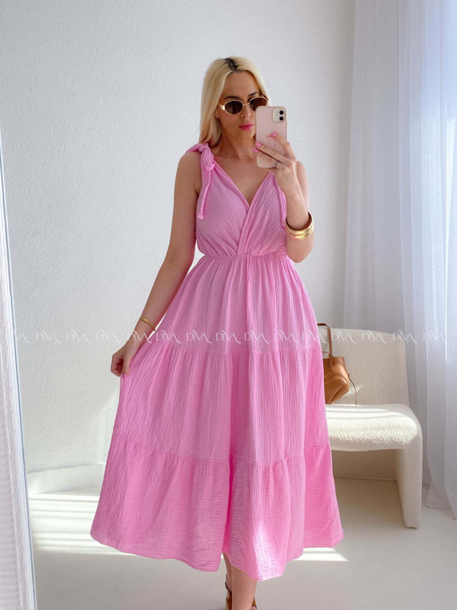 Mušelínové maxi šaty s viazaním na ramenách ružové AB 159