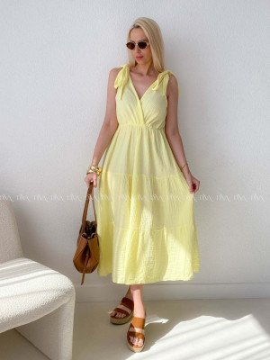 Mušelínové maxi šaty s viazaním na ramenách žlté AB 159