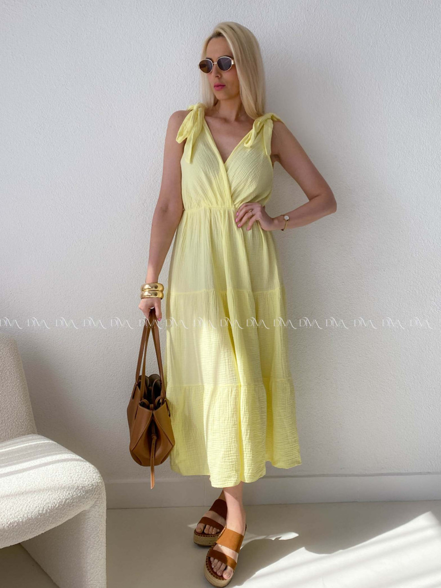Mušelínové maxi šaty s viazaním na ramenách žlté AB 159