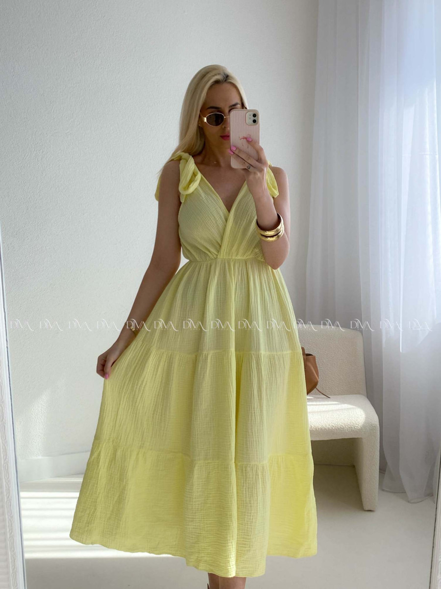 Mušelínové maxi šaty s viazaním na ramenách žlté AB 159