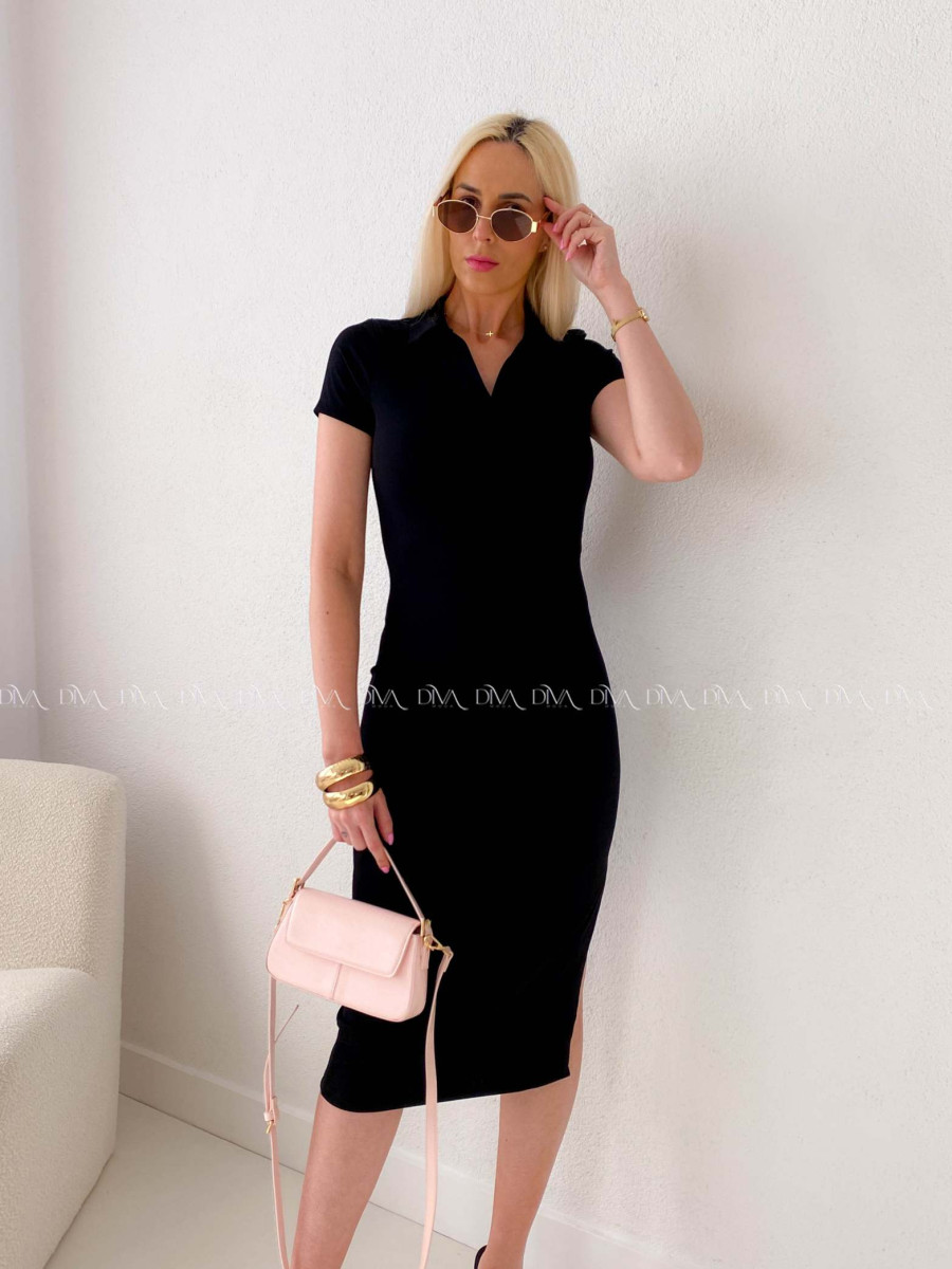 Rebrované priliehavé midi šaty s golierom čierne AB 148