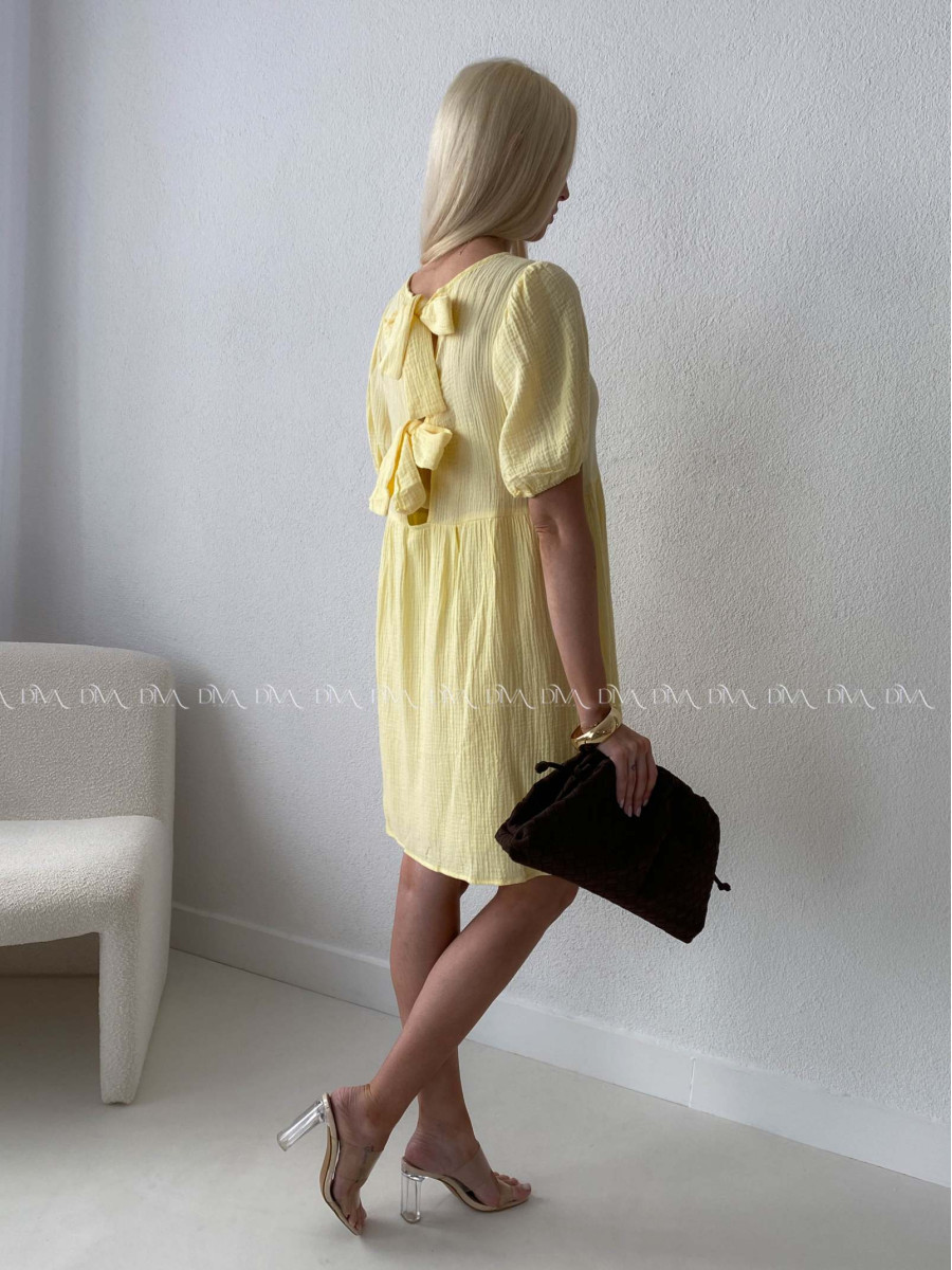 Mušelínové šaty s mašľami na chrbte žlté AB 174
