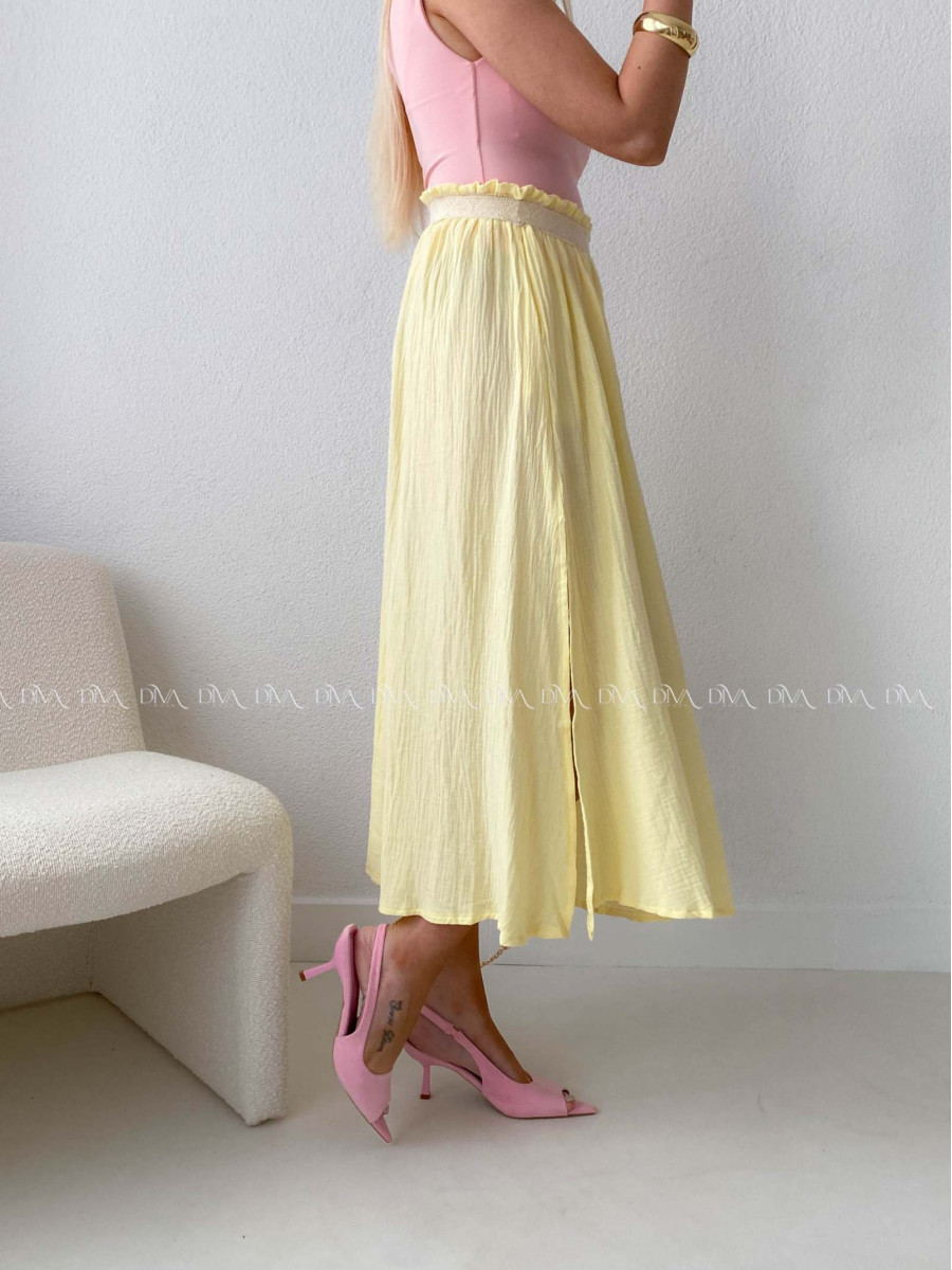 Midi mušelínová sukňa s rázporkom žltá AB 176