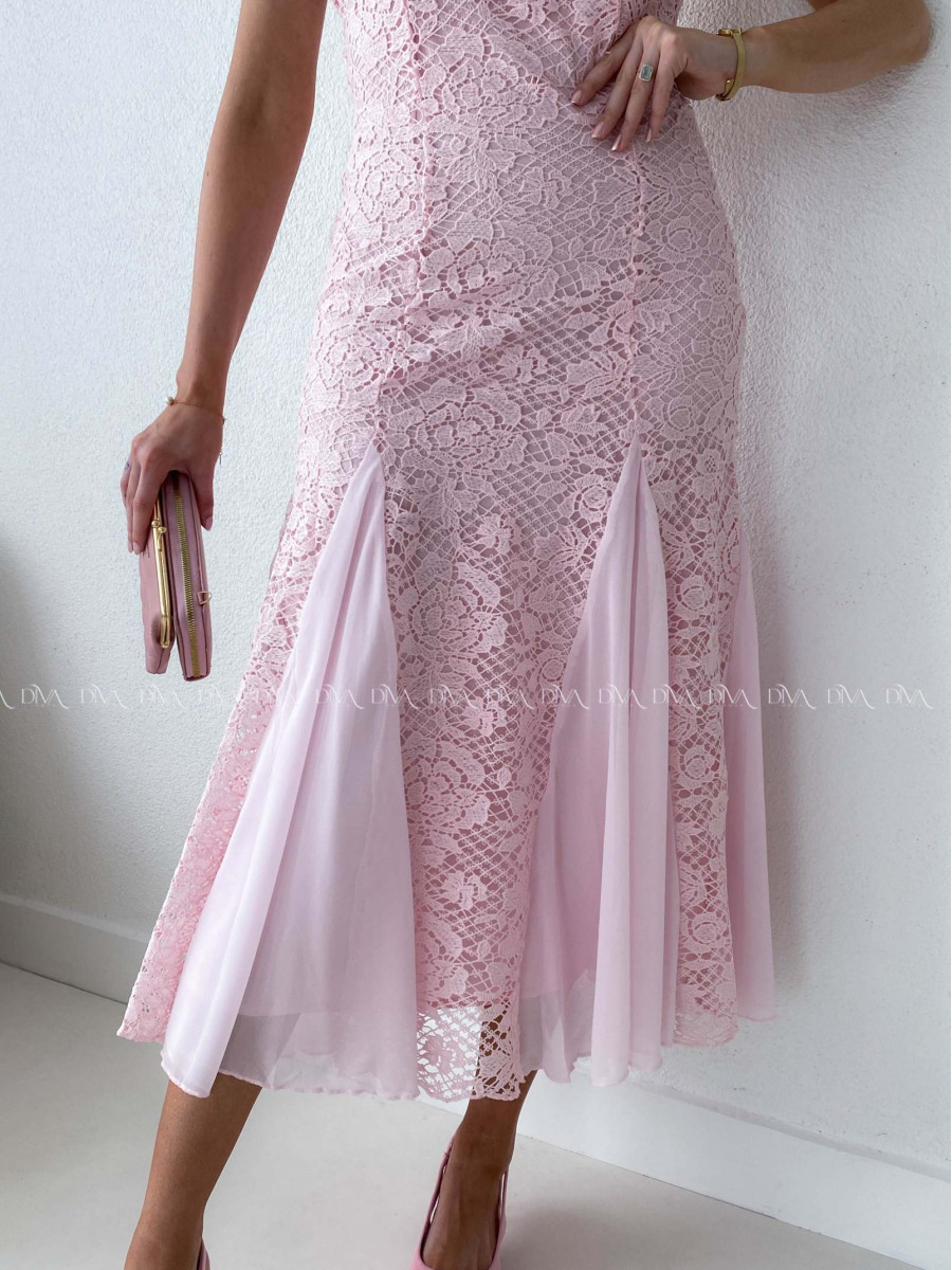 Háčkované elegantné maxi šaty na ramienka ružové AB 165