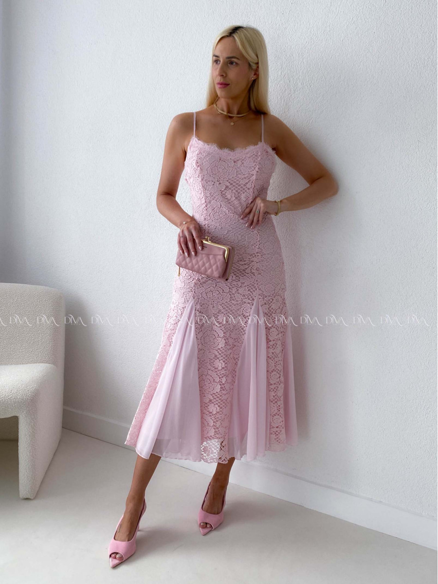 Háčkované elegantné maxi šaty na ramienka ružové AB 165