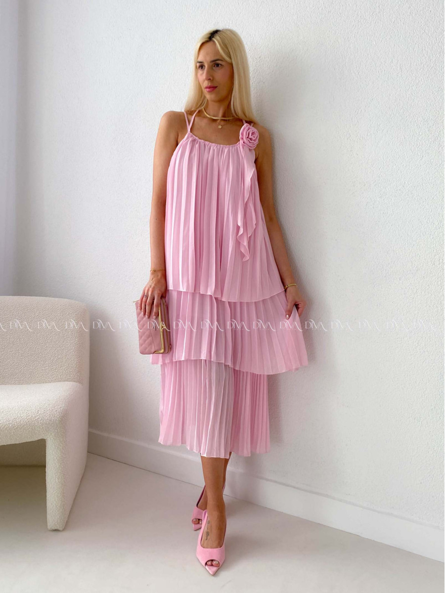 Elegantné plisované maxi šaty s ružou ružové AB 168