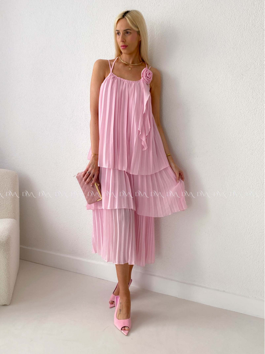 Elegantné plisované maxi šaty s ružou ružové AB 168