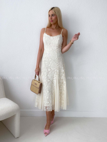 Háčkované elegantné maxi šaty na ramienka maslové AB 165