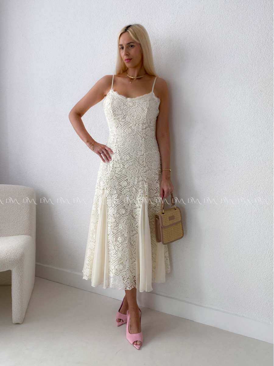 Háčkované elegantné maxi šaty na ramienka maslové AB 165