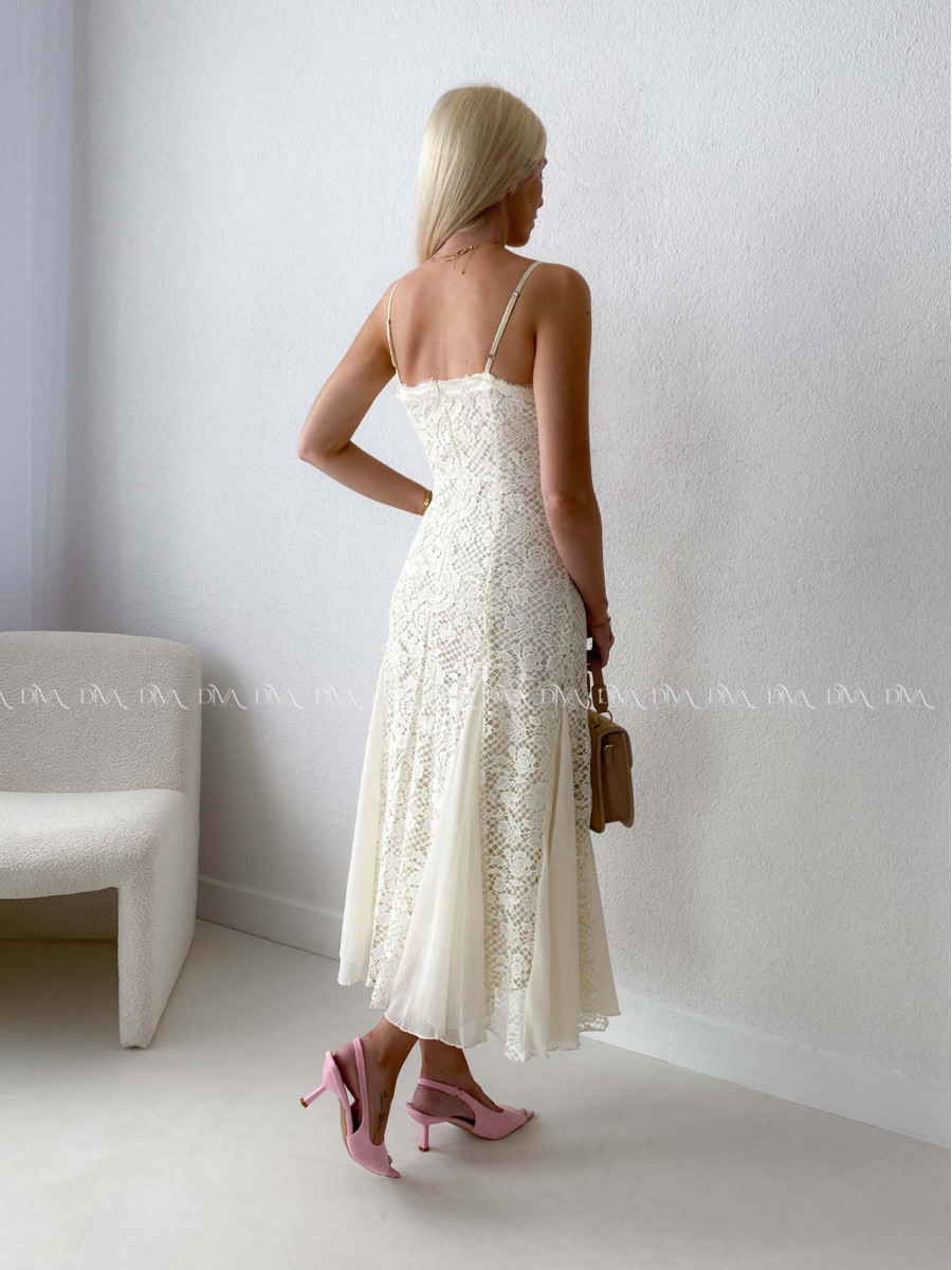 Háčkované elegantné maxi šaty na ramienka maslové AB 165