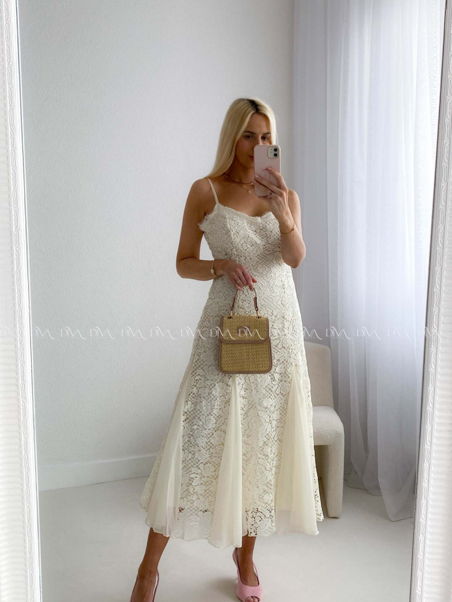 Háčkované elegantné maxi šaty na ramienka maslové AB 165