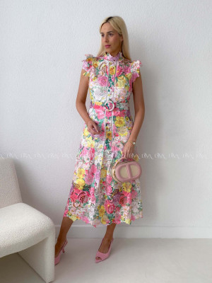 Háčkované midi šaty flora mix s volánikmi ruž-žlté AB 166
