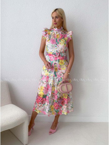 Háčkované midi šaty flora mix s volánikmi ruž-žlté AB 166