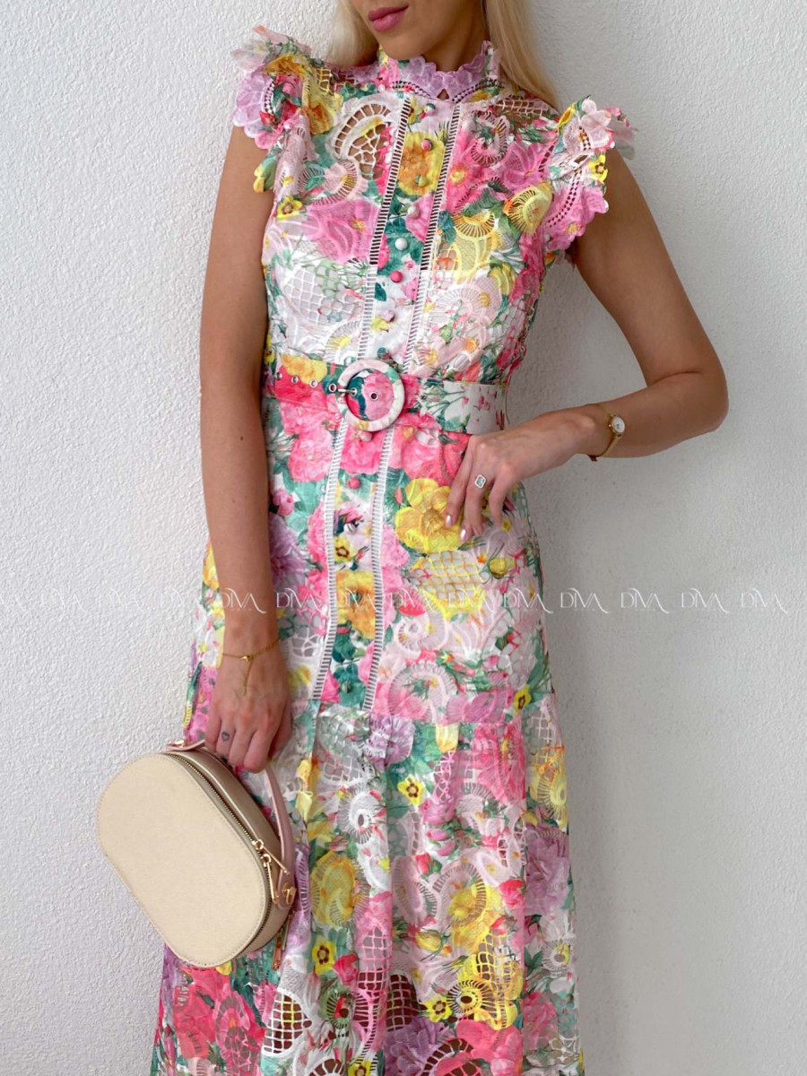 Háčkované midi šaty flora mix s volánikmi ruž-žlté AB 166