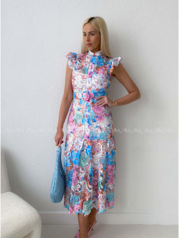 Háčkované midi šaty flora mix s volánikmi ruž-modré AB 166