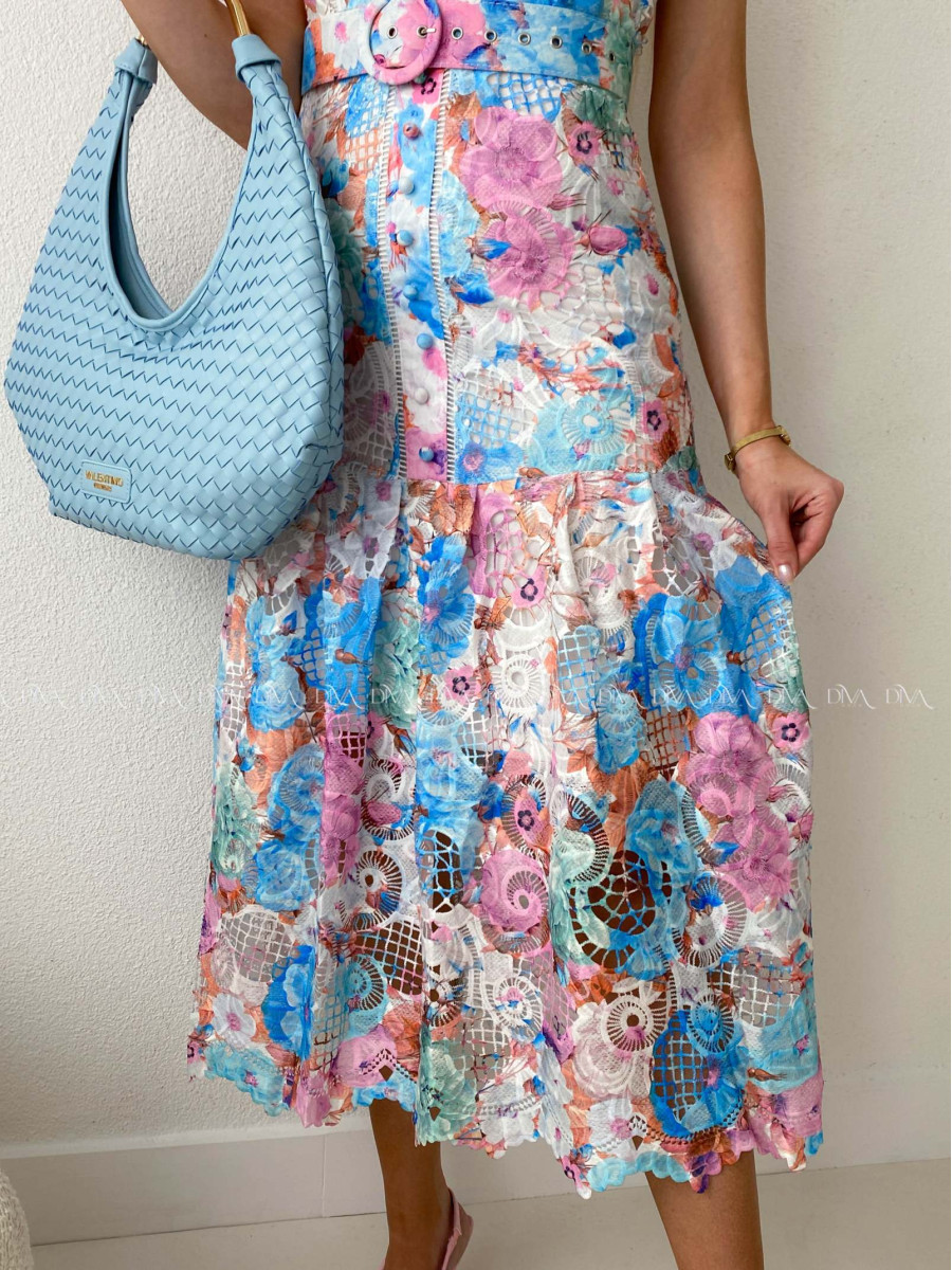 Háčkované midi šaty flora mix s volánikmi ruž-modré AB 166