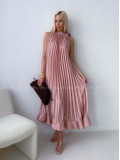 Elegantné saténové plisované maxi šaty blush pink AB 171