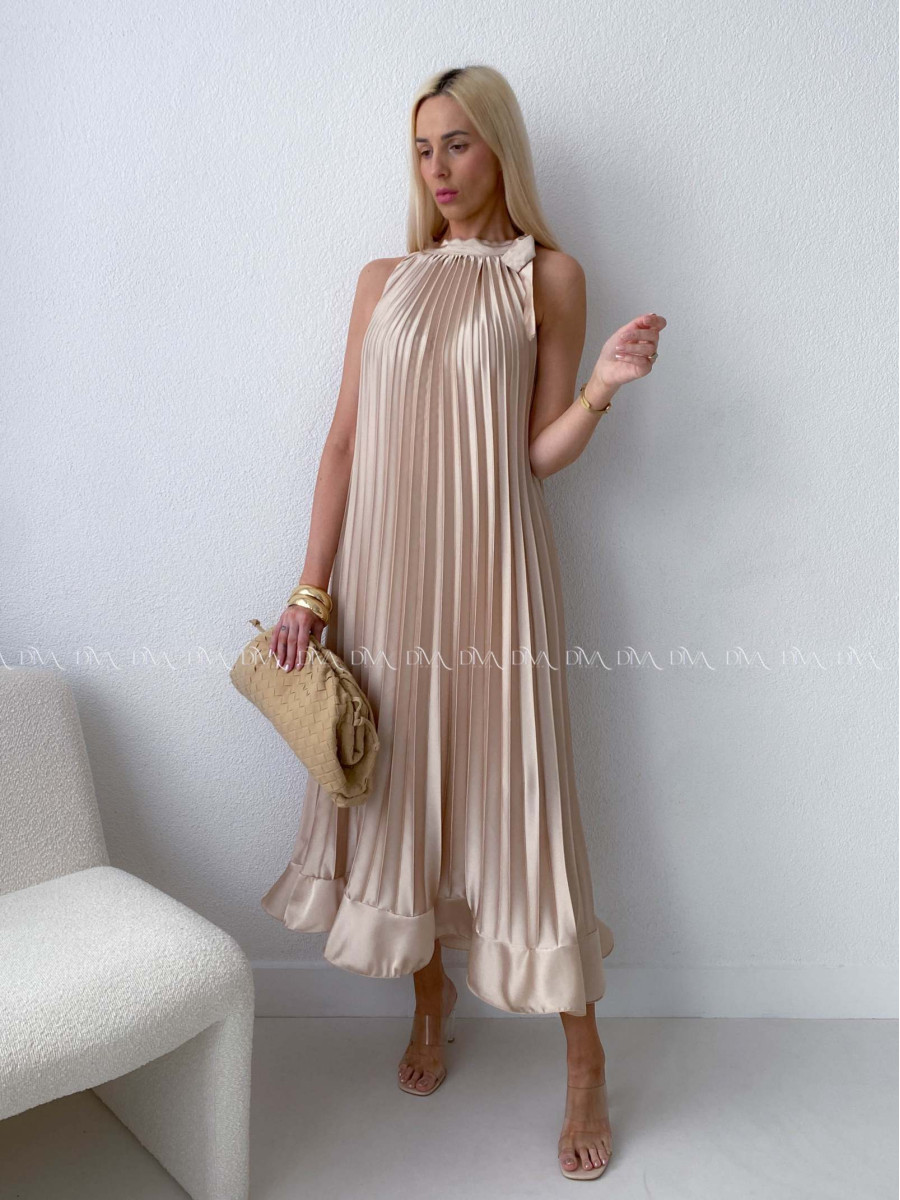 Elegantné saténové plisované maxi šaty zlaté AB 171