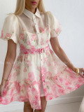 Elegantné krátke šaty s kvetmi a puf rukávmi AB 177