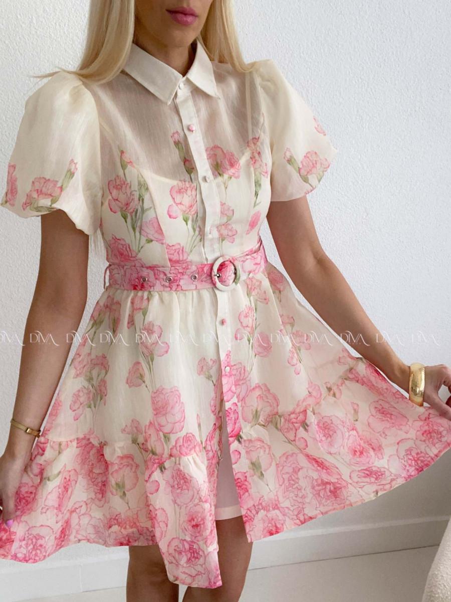 Elegantné krátke šaty s kvetmi a puf rukávmi AB 177