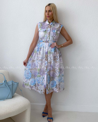 Háčkované midi šaty kvetinové s golierom fialkovo - modré AB 167