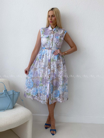 Háčkované midi šaty kvetinové s golierom fialkovo - modré AB 167