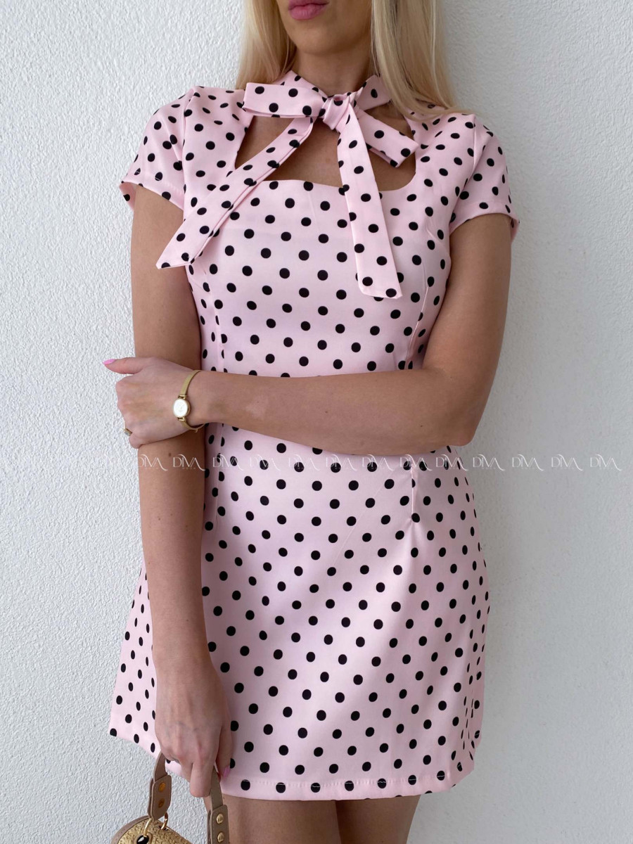 Puzdrové bodkované mini šaty s mašľou ružové AB 184