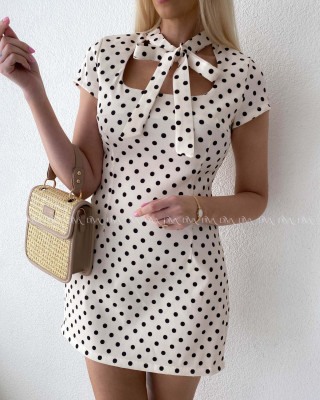 Puzdrové bodkované mini šaty s mašľou smotanové AB 184