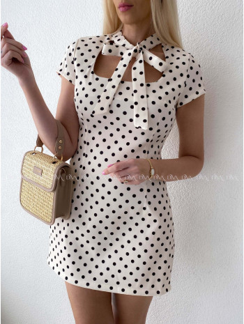 Puzdrové bodkované mini šaty s mašľou smotanové AB 184