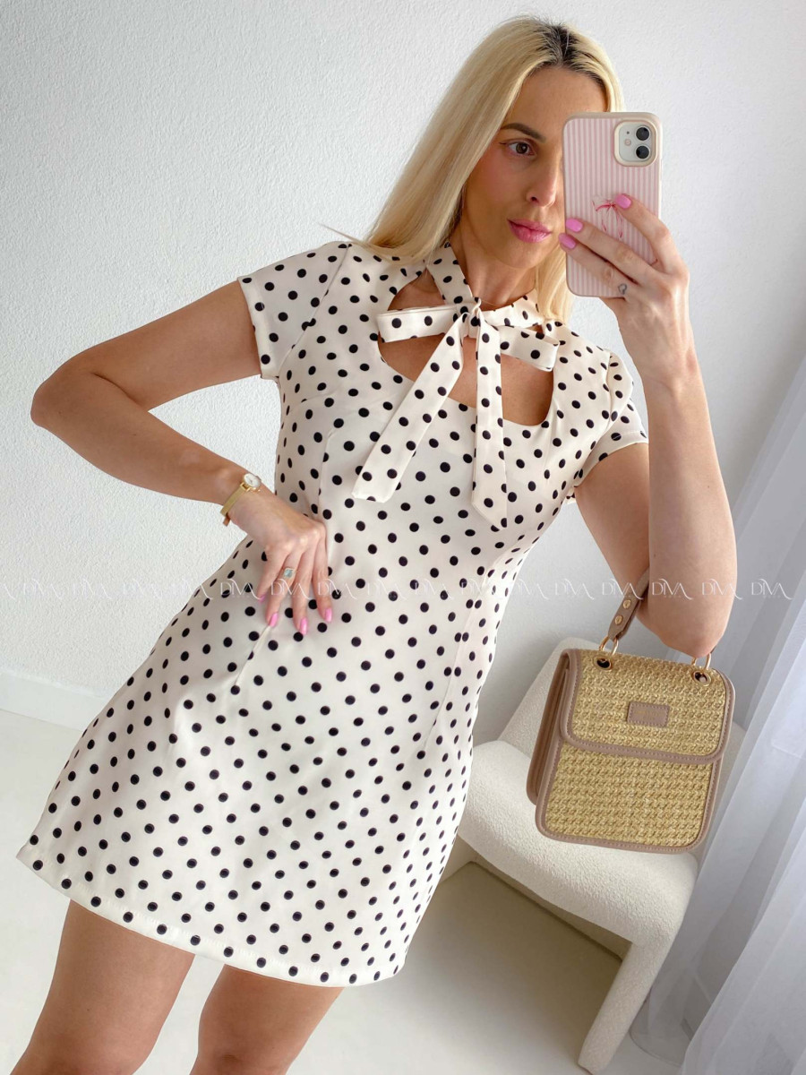 Puzdrové bodkované mini šaty s mašľou smotanové AB 184