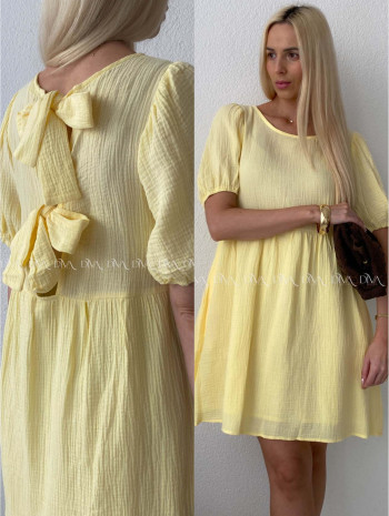 Mušelínové šaty s mašľami na chrbte žlté AB 174