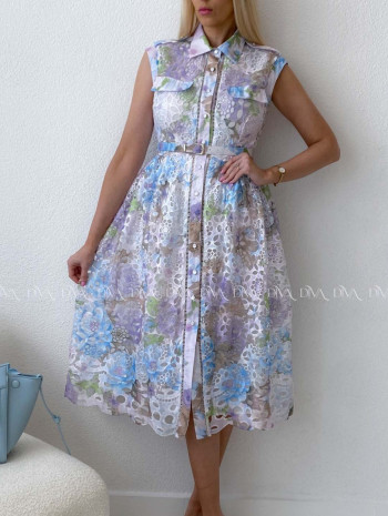 Háčkované midi šaty kvetinové s golierom fialkovo - modré AB 167