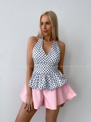 Bodkovaný peplum top s viazaním okolo krku smotanový AB 192