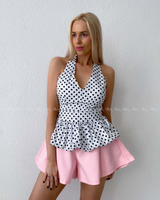 Bodkovaný peplum top s viazaním okolo krku smotanový AB 192