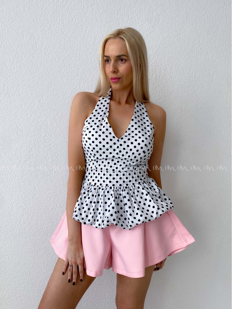 Bodkovaný peplum top s viazaním okolo krku smotanový AB 192