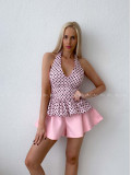 Bodkovaný peplum top s viazaním okolo krku ružový AB 192