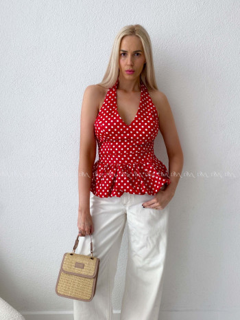 Bodkovaný peplum top s viazaním okolo krku červený AB 192