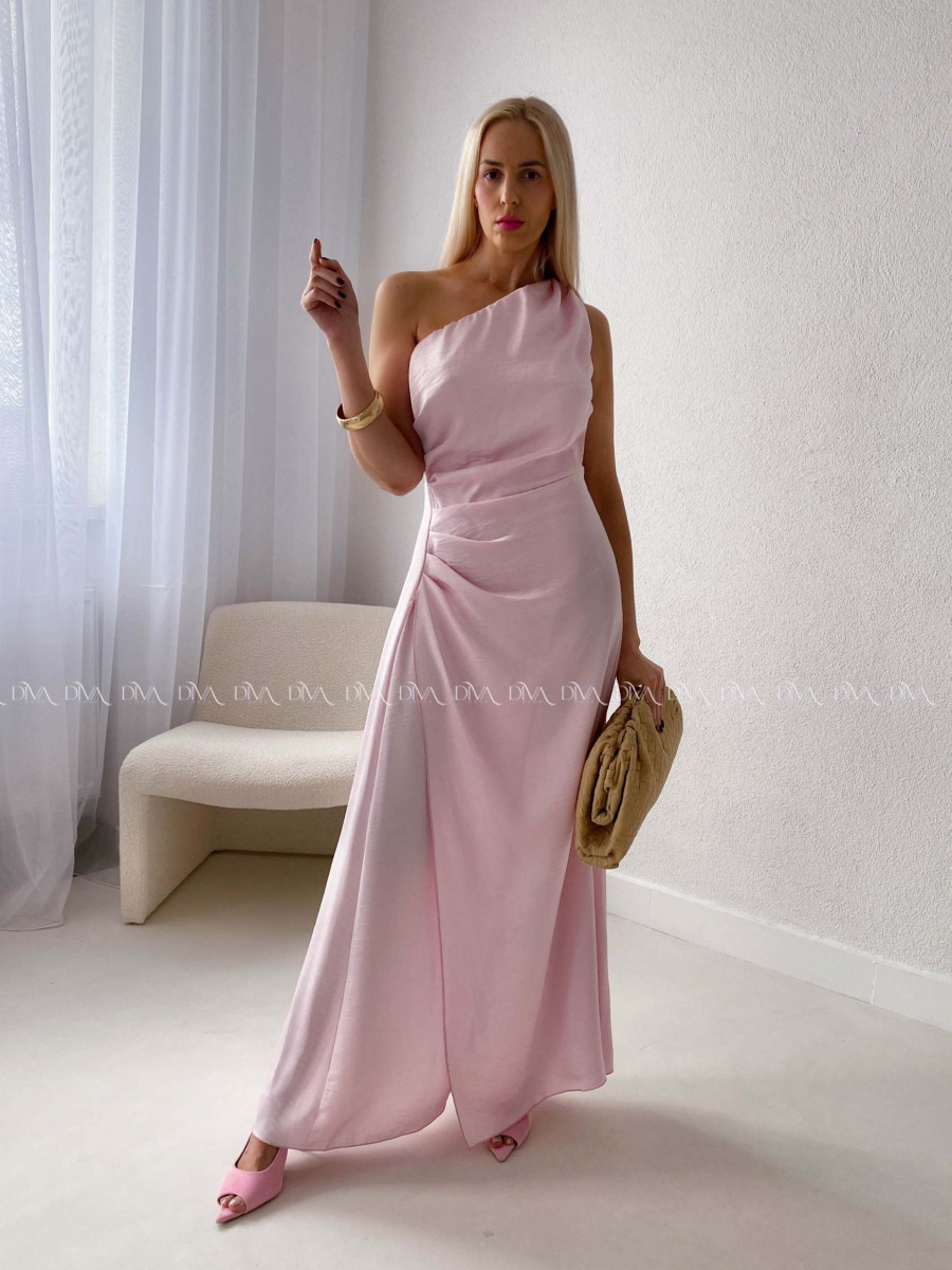 Elegantné splývavé šaty na jedno rameno ružové AB 191