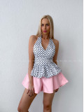 Bodkovaný peplum top s viazaním okolo krku smotanový AB 192