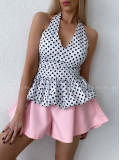 Bodkovaný peplum top s viazaním okolo krku smotanový AB 192