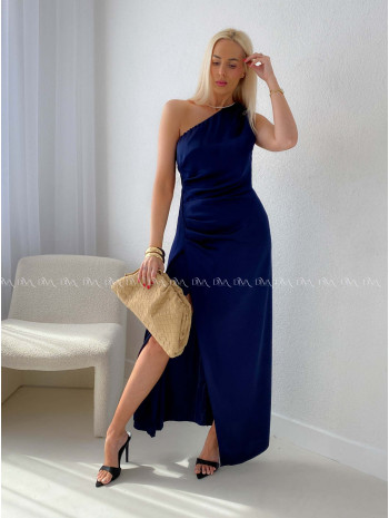 Elegantné splývavé šaty na jedno rameno tmavo modré AB 191