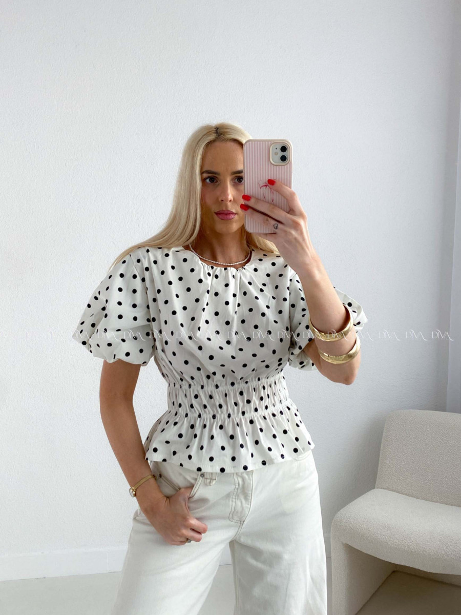 Bavlnený bodkovaný top s puf rukávom biely AB 205